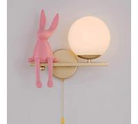 LOGT Children's Room Wall Lamp with Switch Round Lampshade, Spherical Glass Moon Wall Light Indoor Rabbit Design Children's Lamp Wall Bedside Luminaire Girls Boys Wall Lighting Modern,R