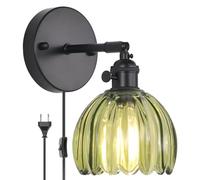 LOGT Crystal Wall Light with Switch and Plug, E27 Rotatable Wall Lamp Indoor Vintage Metal Bedside Light Flower Glass Lampshade Wall Lighting with Cable Black Retro Crystal Lamp,Green