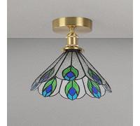LOGT Tiffany Style Stained Glass Ceiling Light Brass, Glass Lampshade Ceiling Lamp Handmade Butterfly Lamp Pendant Light Mediterranean Decor Hallway Lighting Living Room Lighting,E