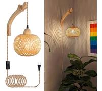 LOGT Vintage Hanging Lamp Wood with Plug and Cable Switch Pendant Light Rattan Boho Sconce Bedside Lamp Indoor Retro Bamboo Lantern Hanging Luminaire Retro Wall Lighting Boho Living Room Lamps