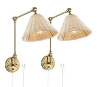 LOGT Vintage Rattan Wall Light Boho Adjustable Long Arm Wall Lamp Gold with Plug Cable Switch Wall Reading Lamp Swivel Arm Retro Bamboo Sconce Swing Arm Metal Decorative Wall Lighting,2 Stück