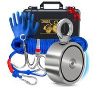 Logui Projects 1200 LB Magnet Fishing Kit with Case - 2 Fishing Magnets in 1 (Double Sided Magnet) - with Grappling Hook, Heavy Duty 65FT Rope, Gloves, Carabiner and Foldable Bucket.