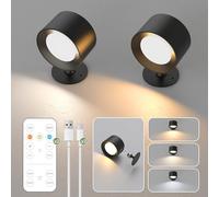 LOHAS Battery Operated Wall Lights 2 Pack, Magnetic 360° Rotating LED Rechargeable Wall Lights, Wireless Wall Sconces with Remote, 3CCT & Dimmable, Wall Lamp for Living Room Corridor Stairs, Black