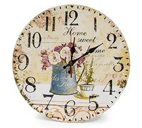 LOHAS Home 30cm Silent Wooden Round Wall Clock Vintage Rustic Chic Style Arabic Numerals Wooden Round Decorative Wall Clock (Cafe & Flower)
