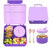 LOHASOK Bento Lunch Box with 8oz Soup Thermo, Leak-Proof Lunch Containers with 4 Compartment, Thermo Hot Food Jar and Insulated Lunch Bag for School Purple