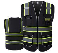 LOHASPRO High Visibility Vest for Men Reflective Safety Vest with Pockets Class 2 Construction Work Vest Zipper Front Black Safety Vest Meets ANSI/ISEA Standards(X-Large, Black 02)