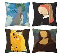 LOHDALOLF Famous Painting Cushion Covers 45x45 cm Set of 4 Mona Lisa Cushion Cases Monet Vermeer Klimt Painting Decorative Pillow Covers for Sofa Couch Living Room