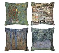 LOHDALOLF Green and Yellow Cushion Covers Set of 4 Gustav Klimt Painting Garden Cushion Cases Square Decorative Pillow Covers for Sofa Couch 45x45 cm