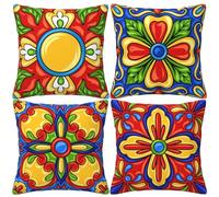 LOHDALOLF Spanish Cushion Covers 45x45 cm Set of 4 Mexican Floral Cushion Cases Colorful Ethnic Decorative Pillow Covers for Sofa Couch Living Room