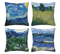 LOHDALOLF Van Gogh Painting Decorative Cushion Covers Pack of 4 Starry Night Sea Famous Landscape Painting Pillow Cases Square Velvet Abstract Pillow Covers for Sofa Couch