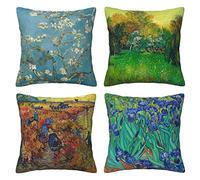 LOHDALOLF Vincent Van Gogh Pillow Covers 45x45 cm Set of 4 Square Velvet Pillow Cases Impressionist Painting Irises Almond Decorative Cushion Covers for Sofa Couch