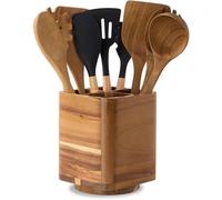 LOHONER Wooden Utensil Holder for Kitchen Counter, 360° Rotating 7.2" Acacia Wood Kitchen Utensil Crock for Countertop