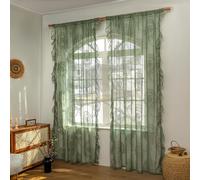LOHUT 102 Inches Long Sage Green Lace Curtains for Bedroom 2 Panels Set Vintage Boho Curtains Sheer Floral Embroidery Ruffled Window Treatment Rod Pocket,52 X 102 Inch,Sage Green