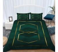 LOhxa Duvet Cover Double Bedding Sets Green And Gold Geometric Stripes Quilt Cover Easy Care Duvet Set Soft Brushed Microfiber Bed Covers with Matching Pillowcases, Duvet Cover 79x79