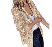 LOIJMK Blazer Women's Without Lined, Sequins Mesh Yarn Suit Jacket Falling Business Jacket for Women Funky Sequin Suit Style Coat Shiny Autumn Jacket Elegant Open Front Jackets Parka Outerwear, beige,