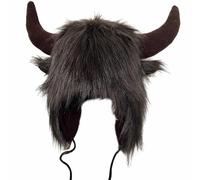 LOIJMK Children's Winter Hat, Buffalo Hat with Horns, Furry Ear Muffs, Winter Hat, Buffalo Face, Fluffy Ear Cover, Ear Flap Hat, Children's Hat with Neck, coffee, One Size