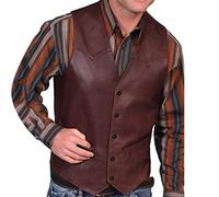 LOIJMK Men's Leather Vest with V-Neck and Pocket - Retro Plain Vest, Classic Cut with Button Closure, Fashionable and Stylish Top for the Modern Man, Wine Red, M