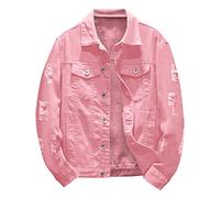 LOIJMK Men's Loose Denim Jacket With Stand-Up Collar, Button Placket, Flap Pocket - Baggy Bomber Pilot Classic Fashion Motorcycle Jacket, Pink, L