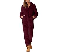 LOIJMK Women's Cosy One-Piece Loungewear Trousers with Zip Jumpsuit Teddy Fleece Winter Jumpsuit with Hood Jogging Suit Loungewear Plain One-Piece Pyjamas, Wine Red, XXXXXL