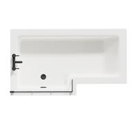 Loire Left Hand L Shaped Shower Bath with Matt Black Bath Screen and Acrylic Front Bath Panel | White | 1500mm