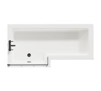 Loire Left Hand L Shaped Shower Bath with Matt Black Bath Screen and Gloss Grey Peal Front and End Bath Panel | White | Acrylic | 1700mm