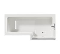 Loire Right Hand L Shaped Shower Bath with Bath Screen and Tobacco Oak Front and End Bath Panel | White | Acrylic | 1700mm