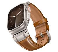 LOIRNBR Leather Bands Compatible with Apple Watch Ultra 3/2/1 Band 49mm 46mm 45mm 44mm 42mm, Genuine Leather Metal Connector Strap for iWatch Ultra Series 11/10/9/8/7/SE/6/5/4/3/2/1, Brown/Titanium