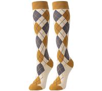 LOITHGU Argyle Knee High Socks for Women, Vintage Patterned Long Tube Socks Academic Style Combed Cotton Calf Stocking, Yellow Argyle, One Size