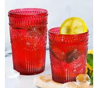 Loivttvv 12pcs Vintage Drinking Glasses Set, 12 oz Highball Glasses & 9 oz Embossed Ribbed Glassware Cups for Cocktail, Water, Juice, Coffee, Whiskey (Christmas Red)