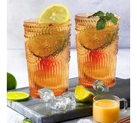 Loivttvv 6pcs Vintage Drinking Glasses Set, 12 oz Amber Highball Glasses, Embossed Ribbed Glassware Cups for Thanksgiving Cocktail, Juice, Whiskey