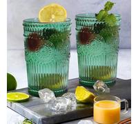 Loivttvv 6pcs Vintage Drinking Glasses Set, 12 oz Atroviens Highball Glasses, Embossed Ribbed Glassware Cups for Cocktail, Water, Juice, Coffee, Whiskey