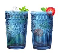 Loivttvv 6pcs Vintage Drinking Glasses Set, 12 oz Blue Highball Glasses, Embossed Ribbed Glassware Cups for Cocktail, Water, Juice, Coffee, Whiskey