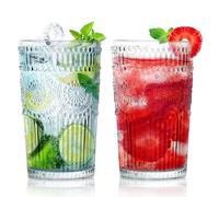 Loivttvv 6pcs Vintage Drinking Glasses Set, 12 oz Clear Highball Glasses, Embossed Ribbed Glassware Cups for Cocktail, Water, Juice, Coffee, Whiskey