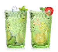 Loivttvv 6pcs Vintage Drinking Glasses Set, 12 oz Green Highball Glasses, Embossed Ribbed Glassware Cups for Cocktail, Water, Juice, Coffee, Whiskey