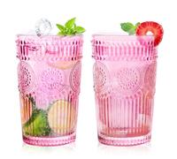 Loivttvv 6pcs Vintage Drinking Glasses Set, 12 oz Pink Highball Glasses, Embossed Ribbed Glassware Cups for Cocktail, Water, Juice, Coffee, Whiskey