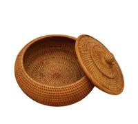 LOJAX Natural rattan basket, round wicker basket with lid, picnic and storage, basket with lid, picnic basket, rattan coffee table fruit basket