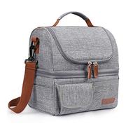 LOKASS Lunch Box for Women-Double Deck Insulated Adults Lunch Bag with Removable Shoulder Strap- Cute Wide Open Lunch Tote for Work/Office/Picnic/Beach/Travel (Gray)