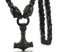 LOKAXXZU Punk Biker Skull Coarse Necklace, Thor's Hammer Pendant Amulet Viking Jewelry Gifts for Norse Men Accessories, Heavy Handmade Square Byzantium King's Chain,A1,60CM Chain