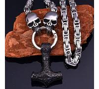 LOKAXXZU Punk Biker Skull Coarse Necklace, Thor's Hammer Pendant Amulet Viking Jewelry Gifts for Norse Men Accessories, Heavy Handmade Square Byzantium King's Chain,B4,70CM Chain
