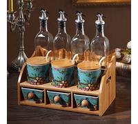 LOKAXXZU Spice Jars Ceramic Kitchen Spice Box Set, Glass Oil Bottle, Creative Household Two-layer Seasoning Jar, Salt Shaker Soy Sauce Bottle Combination (Color : A, Size : Six-Piece Gas Bottle)