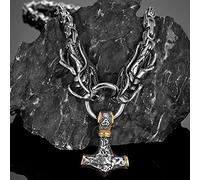 LOKAXXZU Thor's Hammer Big Pendant Coarse Necklace, Mythology Dragon Head Handmade Norse King's Chain, Viking Amulet Jewelry Gifts for Men Accessories,Silver 3,60CM Chain