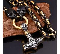 LOKAXXZU Thor's Hammer Heavy Coarse Necklace, Amulet Pendant Novelty Punk Cool Viking Jewelry Gifts Accessories for Norse Men, Scandinavian Handmade Square King's Chain,Skull 8,70CM Chain