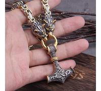 LOKAXXZU Thor's Hammer Pendant Necklace, with Wooden Gift Box, Nordic Mythology Stainless Steel Viking Amulet Jewelry, Men Heavy Fenrir Wolf Animal Head King Chain Ornaments,A,60cm Chain