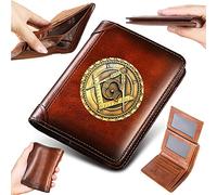 LOKAXXZU Unique Men's Genuine Leather Wallets, High Capacity Trifold Slim Freemasons Vintage Short Wallet with Privacy Protection, Masonic AG Symbol Card Holder Luxury Gift