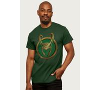 Loki Men's Gold Horns Helmet Logo Marvel T-Shirt in Bottle Green | Size: Medium Loki Bottle Green M