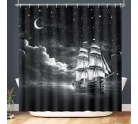 Lokigo Nautical Sailboat Shower Curtain, Marine Theme Sea Ocean Coastal Pirate Ship Anchor Star Waves Curtains, Waterproof Fabric Shower Curtains Bath Decor, 72" x 72", Black & White