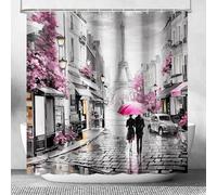 Lokigo Paris Eiffel Tower Shower Curtain 72Wx72H Inch Modern Lovers Walk On Rainy France Street Pink Oil Painting Shower Curtains Romantic Vintage Gray Waterproof Fabric Shower Curtain with Hooks