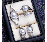 LOKILOKI 925 Sterling Silver Jewelry Sets Natural Freshwater Pearl Earrings Party Pendant Necklaces For Women Adjustable Ring Set