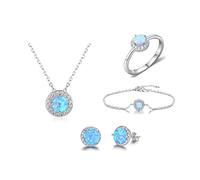 LOKILOKI 925 Sterling Silver Jewelry Sets Round Blue Opal Stone Rings Stud Earrings Necklaces Bracelets Gifts For Women