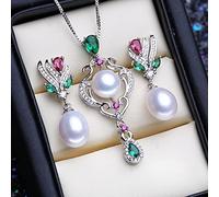 LOKILOKI 925 Sterling Silver Natural Freshwater Pearl Jewelry Sets For Women Ruby Emerald Pearl Earrings Pendant Necklace